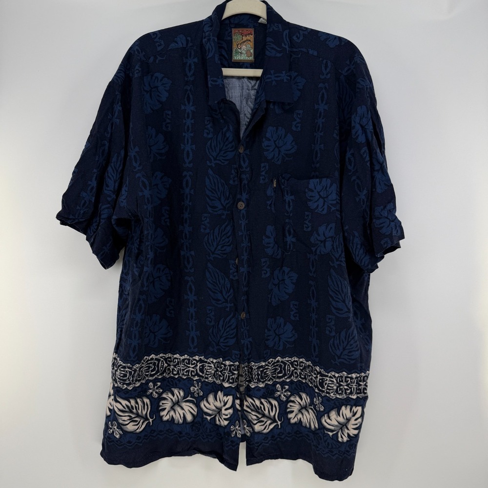Pineapple Connection Shirt Men XL Tropical Button Up Rayon Blue Floral Hawaiian